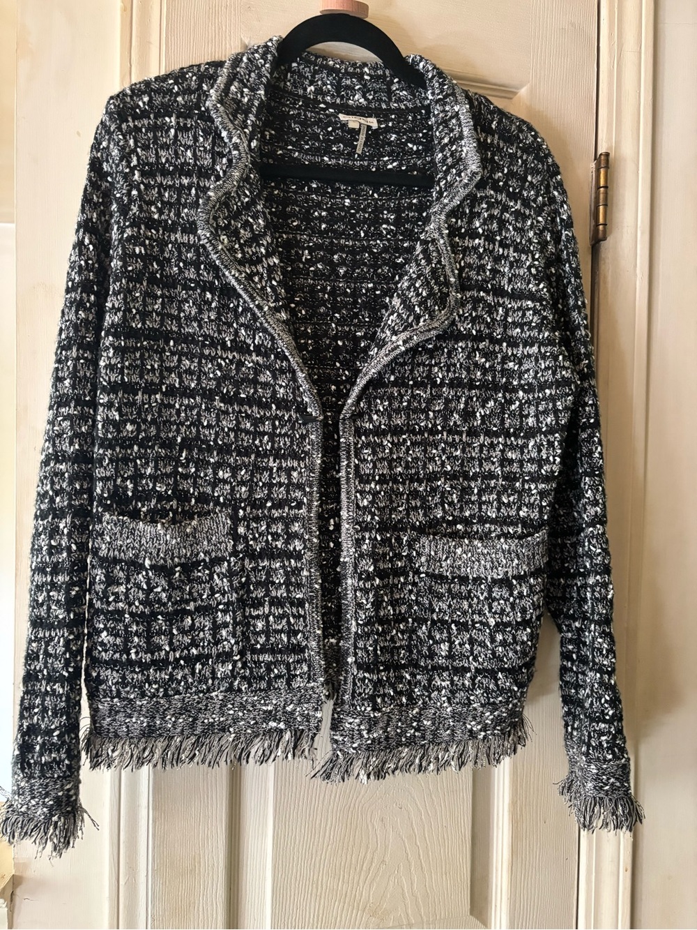 Sioni Black & White Tweed Fringe-Trim Jacket